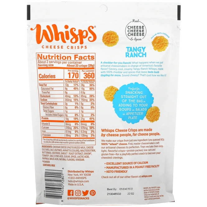 Whisps, Cheese Crisps, острый чеддер с ранчо, 60 г (2,12 унции)