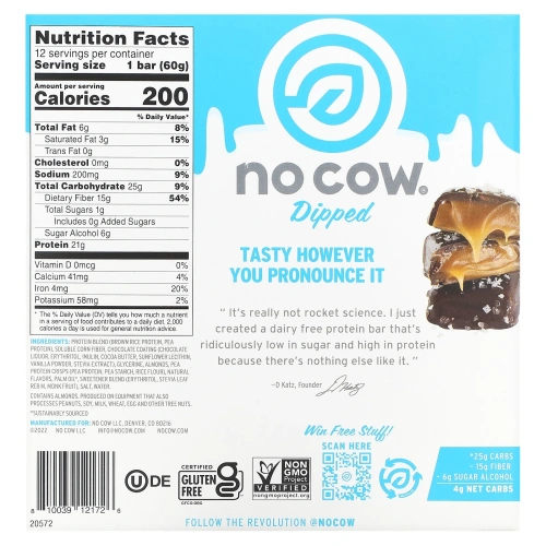 No Cow, Dipped Protein Bar, Chocolate Salted Caramel, 12 Bars, 2.12 oz (60 g) Each