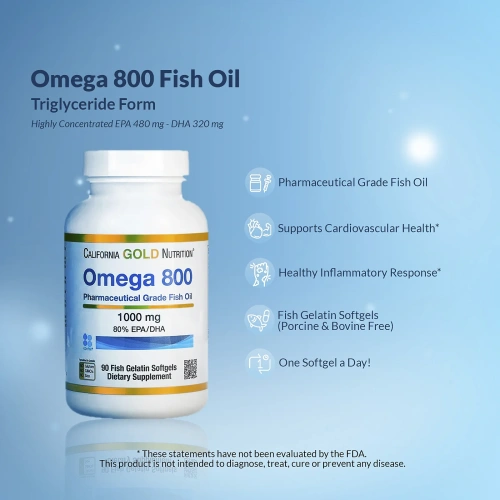California Gold Nutrition, Омега 800, Рыбий жир фармацевтического класса, 80% EPA / DHA, Триглицеридная форма, Без холестерина (1 000 мг), 30 жевательных капсул