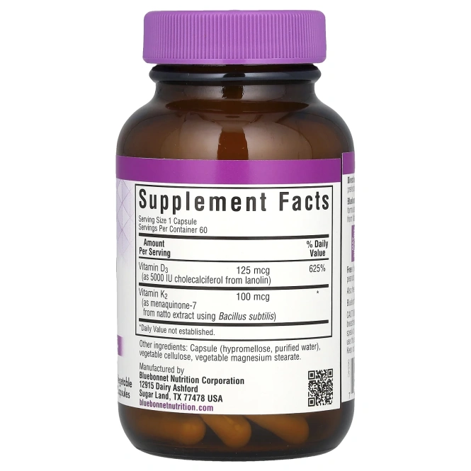 Bluebonnet Nutrition, витамины D3 и K2, 60 вегетарианских капсул