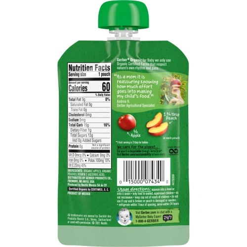 Gerber, Основное питание, Органическое детское пюре из яблок и летних персиков, 3,5 унции (99 г)