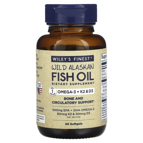 Wiley's Finest, Рыбий жир дикой рыбы Аляски, витамин K2, 60 желатиновых капсул с рыбьим жиром