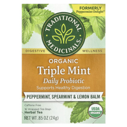 Traditional Medicinals, Organic Herbal Tea, ежедневный пробиотик с тройной мятой, без кофеина, перечная мята, мята колосистая и лимонная мелисса, 16 чайных пакетиков в упаковке, 24 г (0,85 унции)