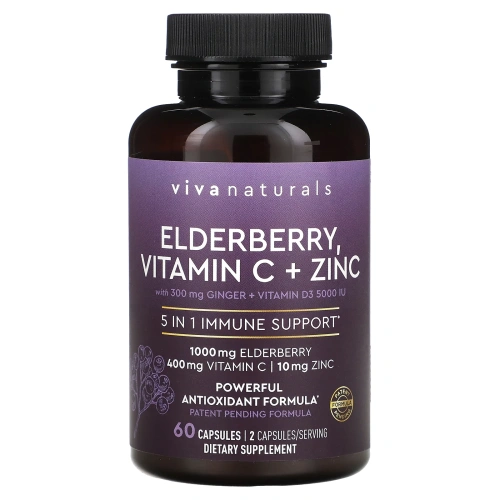 Viva Naturals, бузина, витамин C и цинк, 60 капсул