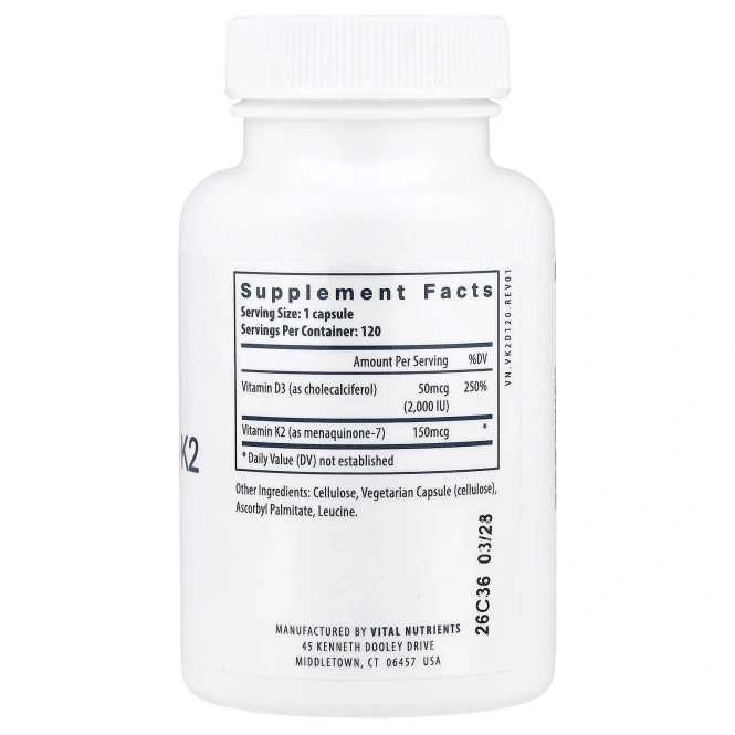 Vital Nutrients, Витамины D3 и K2, 120 вегетарианских капсул