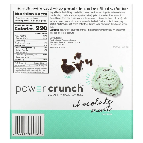 BNRG, Power Crunch, протеиновый энергетический батончик с оригинальным вкусом шоколада и мяты, 12 шт. по 40 г