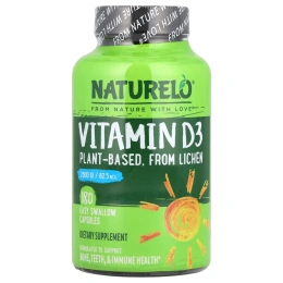NATURELO, Витамин D3, растительного происхождения из лишайника, 62,5 мкг, 2500 МЕ, 180 капсул для легкого проглатывания