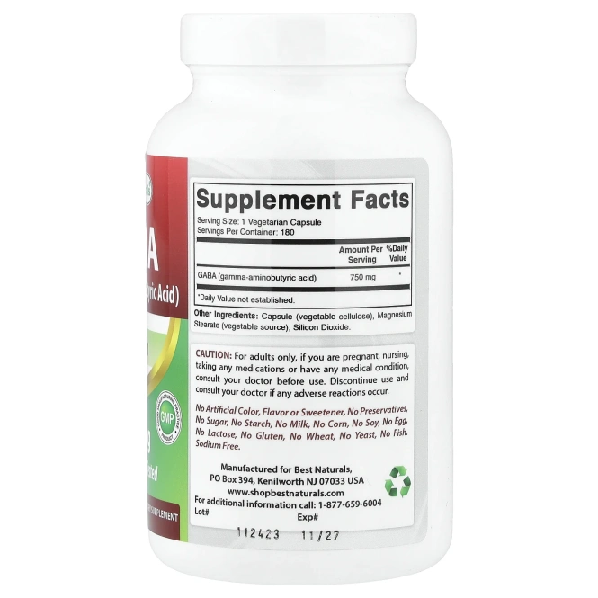 Best Naturals, ГАМК, 750 мг, 180 вегетарианских капсул