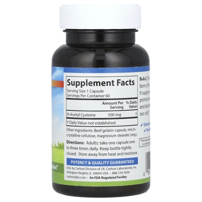 Carlson Labs, N·A·C, N-ацетилцистеин, 500 мг, 60 капсул