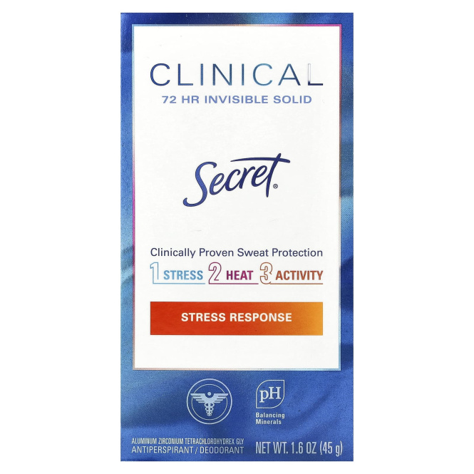 Secret, Clinical, невидимое твердое вещество, 72 часа, антиперспирант / дезодорант, реакция на стресс, 45 г (1,6 унции)