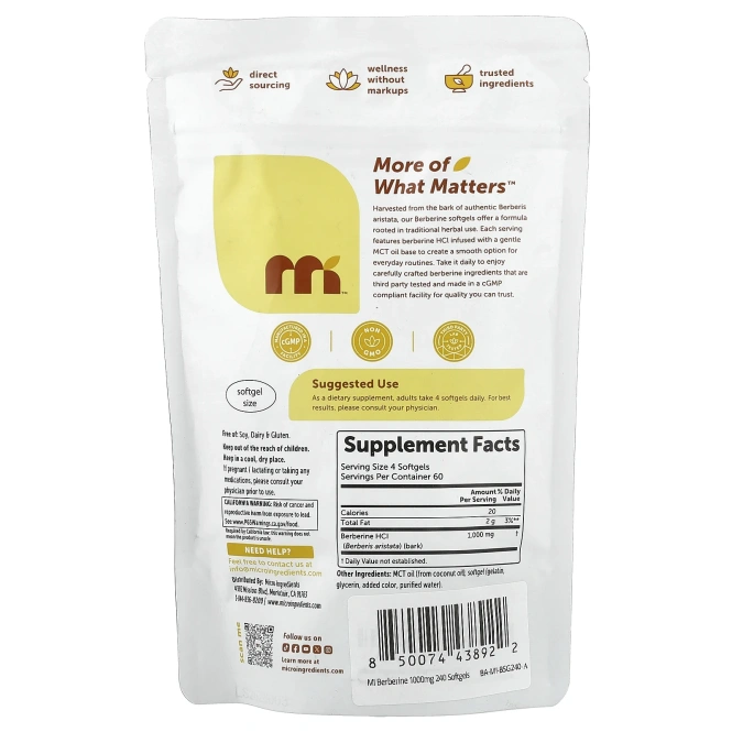 Micro Ingredients, берберин, 240 капсул (250 мг в 1 капсуле)