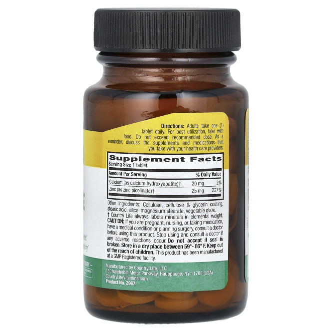 Country Life, Пиколинат цинка, 25 мг, 100 таблеток