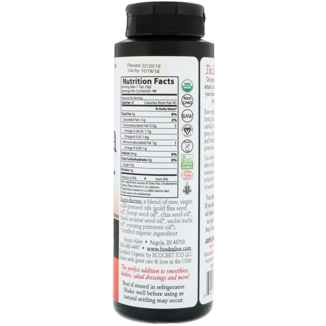Foods Alive, Ремесленное холодного отжима, Сила Омега, 236 мл