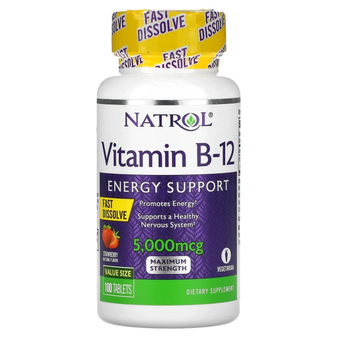Natrol, витамин B12, быстрорастворимый, максимальная эффективность, с клубничным вкусом, 5000 мкг, 100 таблеток