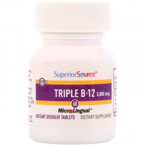 Superior Source, Тройная формула B-12, 3,000 мкг, 60 микролингвальных быстрорастворимых таблеток