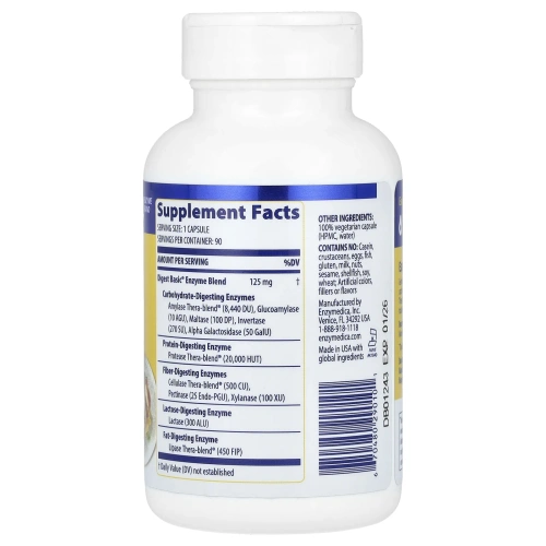 Enzymedica, Digest Basic, формула основных ферментов, 90 капсул