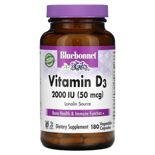 Bluebonnet Nutrition, Витамин D3, 2000 МЕ, 180 капсул в растительной оболочке