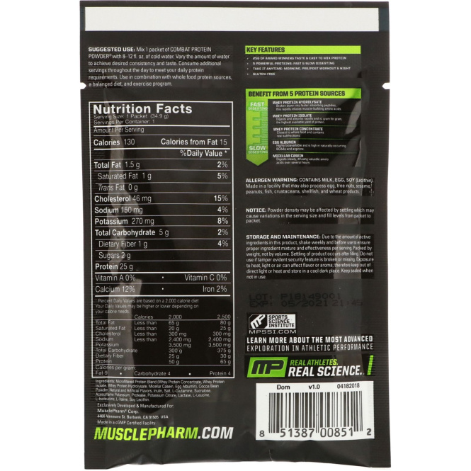 MusclePharm, Combat Protein Powder, Шоколадное молоко, 1,23 унц. (34,9 г) пробная расфасовка