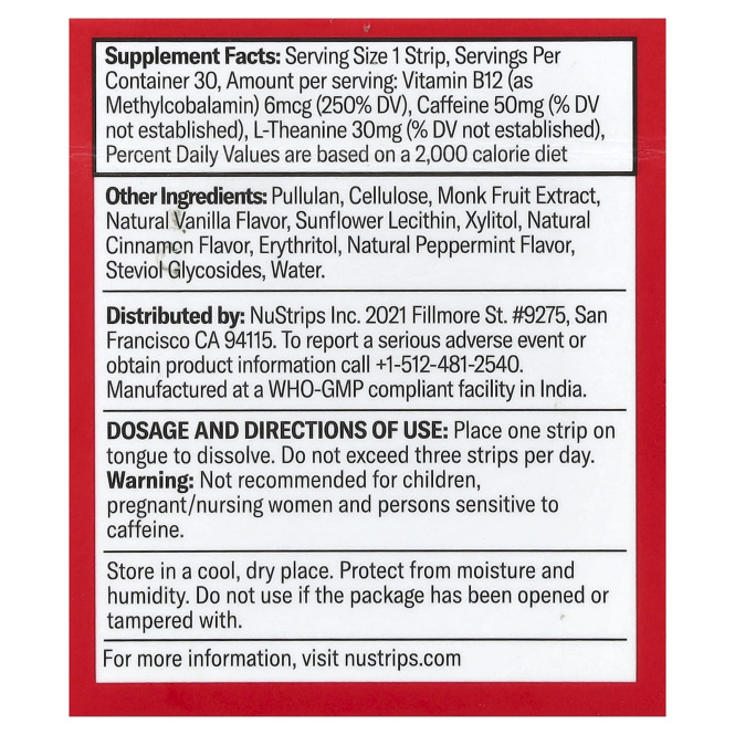 NuStrips, Energy In A Strip™, корица и ваниль, 30 полосок