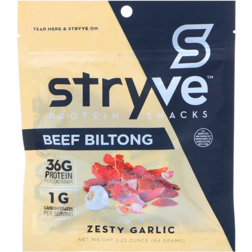 Stryve Foods, Protein Snacks Beef Biltong, Zesty Garlic, 2.25 oz (64 g)