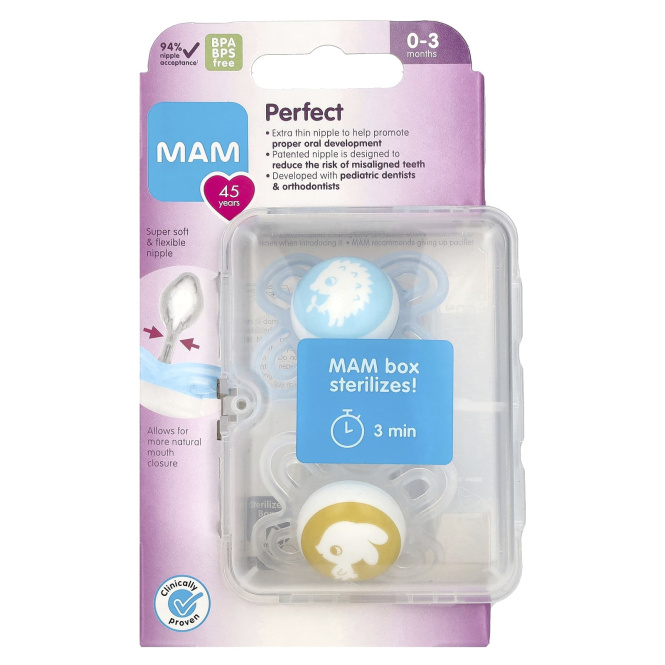 MAM, Perfect Pacifier, 0–3 месяца, для мальчиков, 2 шт.