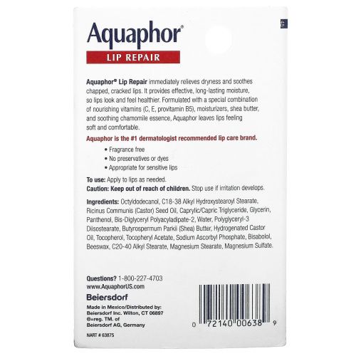 Aquaphor, Восстанавливающее средство для губ мгновенного действия без отдушек, 0,35 жидких унций (10 мл)