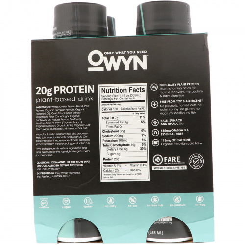 OWYN, Protein Plant-Based Shake, Cold Brew Coffee, 4 Shakes, 12 fl oz (355 ml) Each