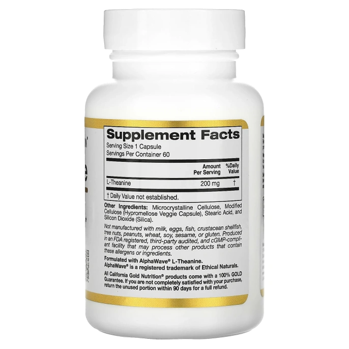 California Gold Nutrition, L- теанин, AlphaWave, способствует расслаблению, успокоению и концентрации, 200 мг, 60 вегетарианских капсул