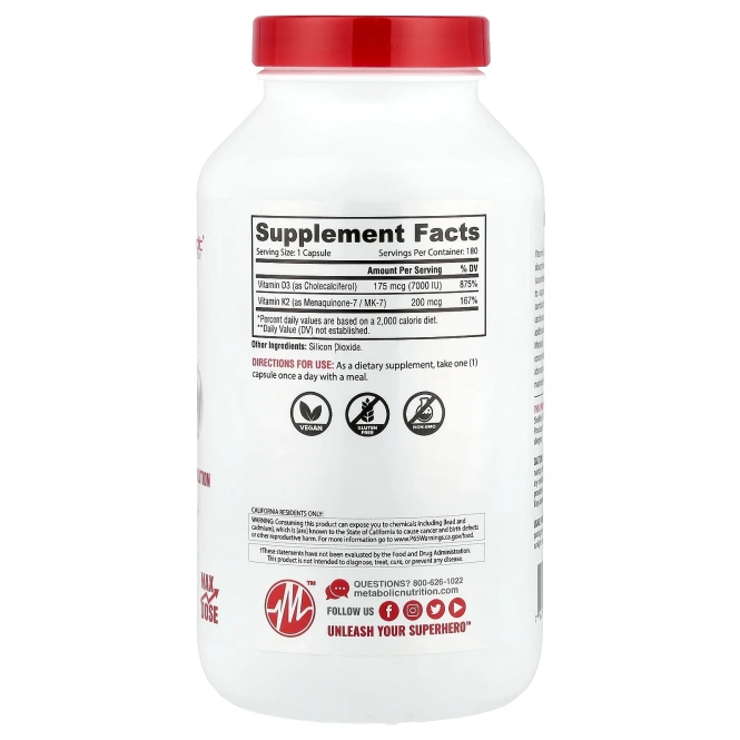 Metabolic Nutrition, витамины D3 и К2, 180 капсул