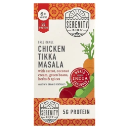 Serenity Kids, тикка масала с курицей, курицей, с морковью, кокосовым кремом, зеленой фасолью, травами и специями, для детей от 6 месяцев, 6 паучей по 99 г (3,5 унции)