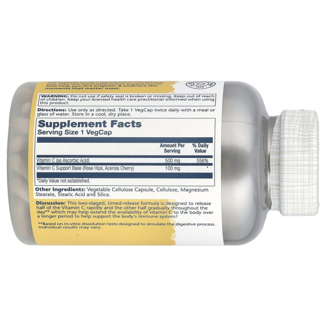 Solaray, Витамин C с медленным высвобождением, 500 мг, 250 капсул с оболочкой из ингредиентов растительного происхождения