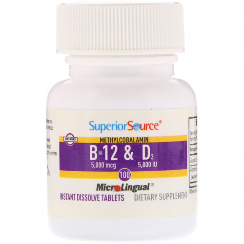 Superior Source, Метилкобаламин B-12 и витамин D3, 5,000 мкг / 5,000 МЕ, 100 микролингвальных быстрорастворимых таблеток