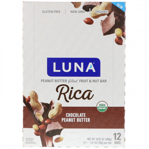 Clif Bar, Luna, Rica Peanut Butter Filled Fruit & Nut Bar, Chocolate Peanut Butter, 12 Bars, 1.41 oz (40 g) Each