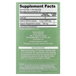 NOW Foods, органический чай из сенны и мяты, без кофеина, 24 чайных пакетика, 48 г (1,7 унции)