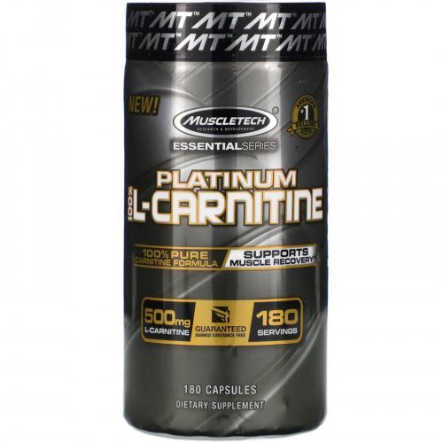 Muscletech, Essential Series, 100% L-карнитин Platinum, 500 мг, 180 капсул