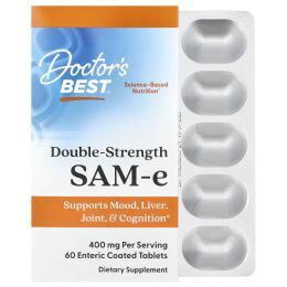Doctor's Best SAMe 400 mg Двойная сила действия, 60 таблеток, покрытые желудочно-резистентной оболочкой