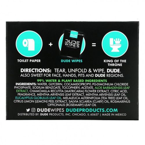 Dude Products, Wipes, On The-Go, смываемые салфетки, с мятой, 30 салфеток в индивидуальной упаковке (5,7 x 7,8 дюйма) каждая