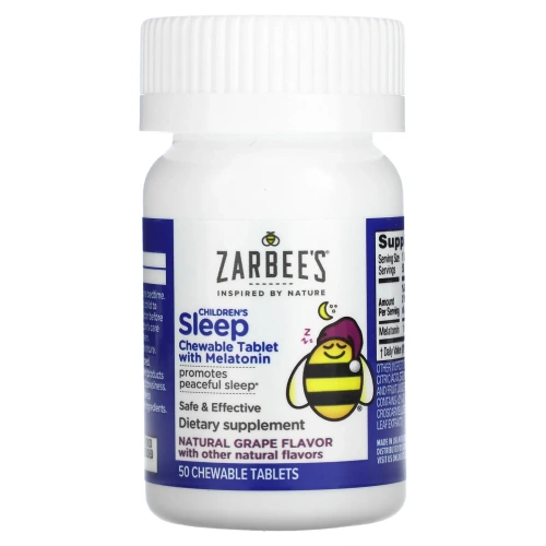 Zarbee's, Детские жевательные таблетки с мелатонином для улучшения сна, натуральный виноградный вкус, 50 жевательных таблеток