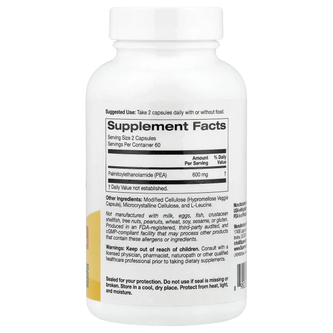 Super Nutrition, ПЭА (пальмитоилэтаноламид), 120 вегетарианских капсул (300 мг в 1 капсуле)