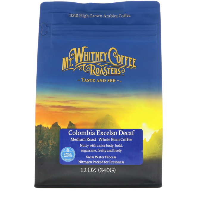 Mt. Whitney Coffee Roasters, Columbia Excelso, без кофеина, в зернах, 12 унций (340 г)