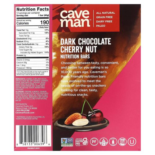 Caveman Foods, Nutrition Bar, темный шоколад, вишня, орехи, 12 батончиков, по 40 г (1,41 унции)