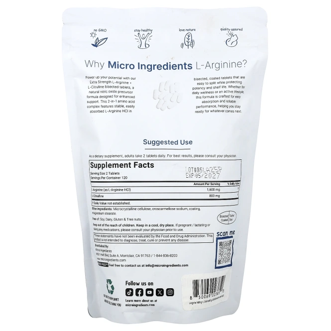 Micro Ingredients, L аргинин + L-цитруллин, 240 разделенных на части таблеток