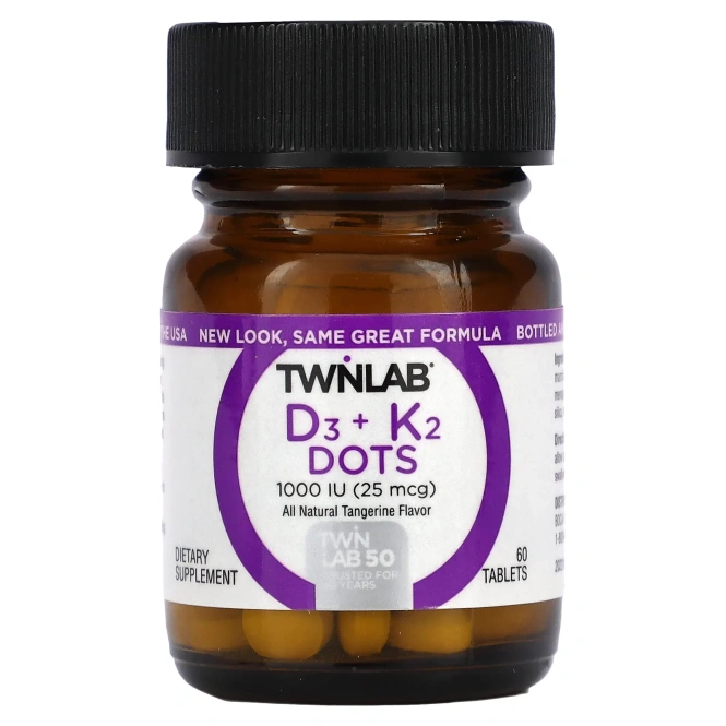 TwinLab, D3 plus K2 Dots Мандарин 60 таблеток