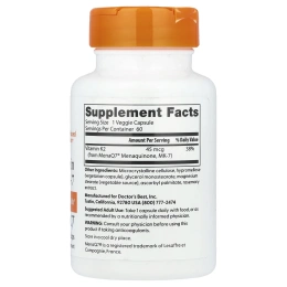 Doctor's Best, натуральный витамин K2 MK-7 с MenaQ7, 45 мкг, 60 вегетарианских капсул