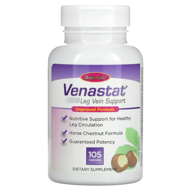 BodyGold, Средство для здоровья вен ног Venastat, 105 капсул