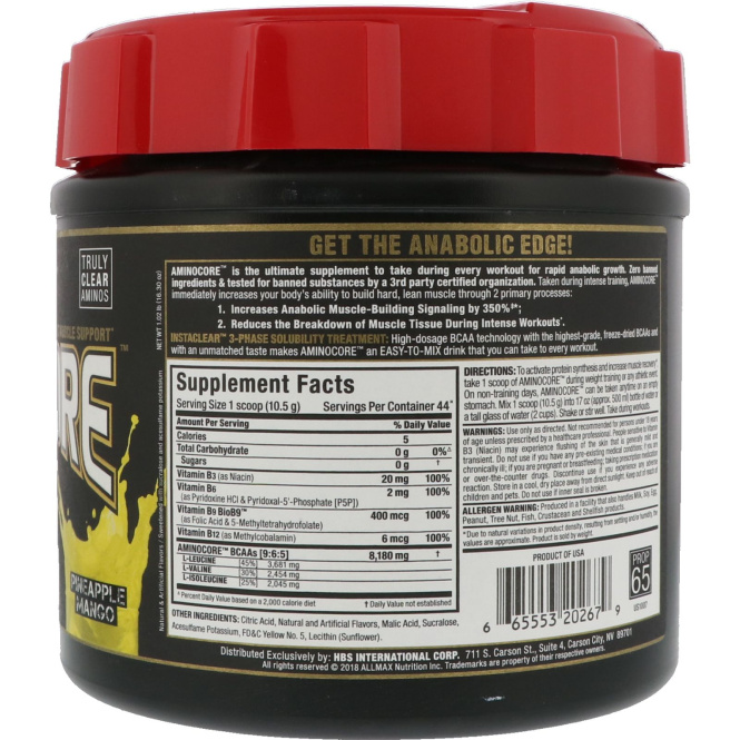 ALLMAX Nutrition, AMINOCORE, аминокислоты с разветвлённой цепью, 8 г аминокислот с разветвлённой цепью, 100% чистота, соотношение 45:30:25, без глютена, ананас и манго, 462 г