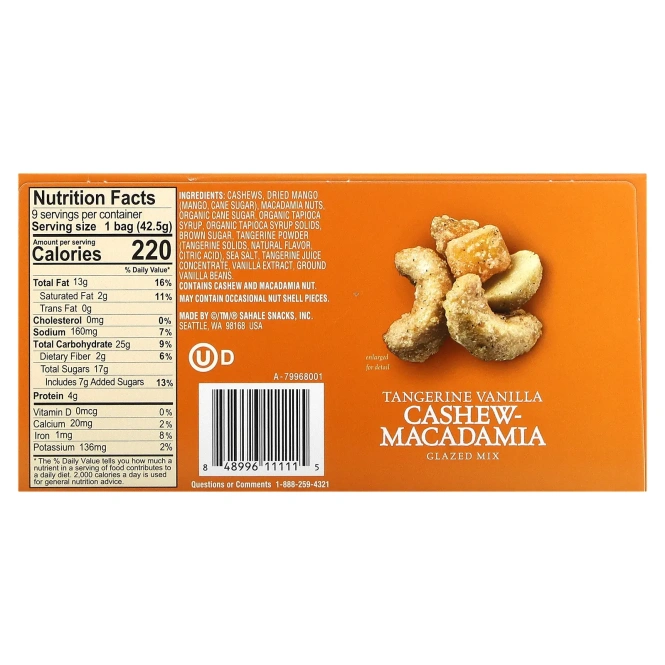Sahale Snacks, Глазированная смесь, мандарин, ваниль, кешью и макадамия, 9 пакетиков, 42,5 г (1,5 унции) каждый
