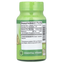 Nature's Truth, Витамин E, высокая эффективность, 180 мг (400 МЕ), 100 капсул быстрого высвобождения