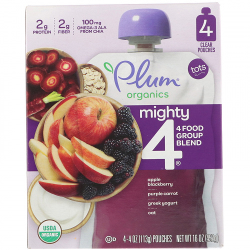 Plum Organics, Питательная смесь Mighty 4 для малышей, из 4 групп продуктов: яблоко-ежевика, фиолетовая морковь, греческий йогурт, овес и лебеда, 4 пакетика по 4 унции (113 г)
