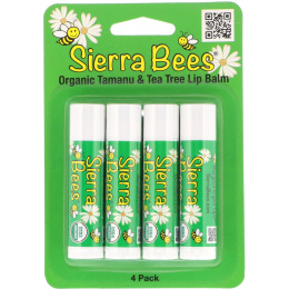 Sierra Bees, Органические бальзамы для губ, таману и чайное дерево, 4 в упаковке, по 4,25 г (0,15 унц.) каждый